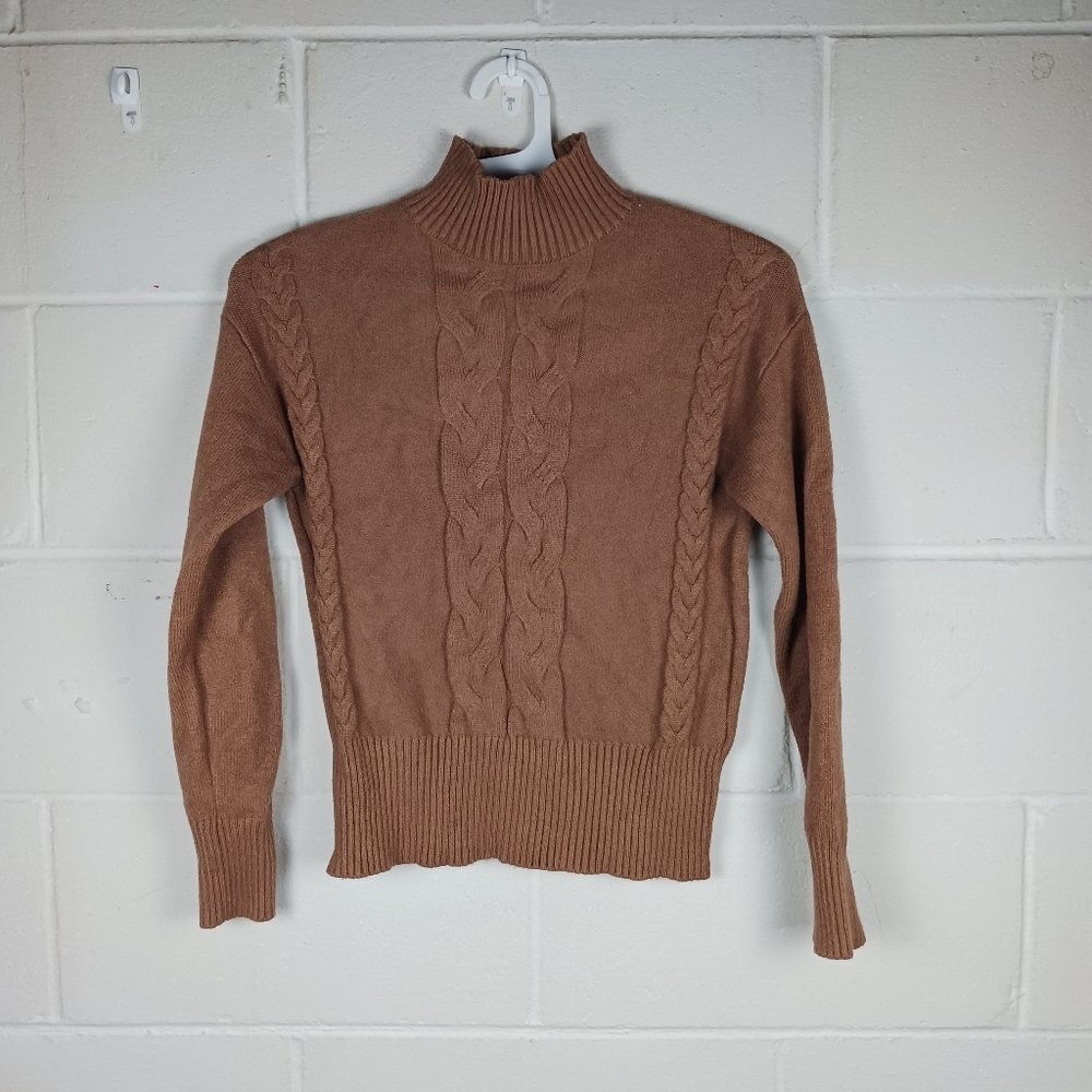 Truth By Republic Mock Neck Brown Cable Knit Sweater Womens Sz XS Fitted‎ Style